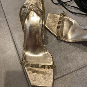 Gold metallic block heel sandals ankle strap 8 ASOS gold hardware